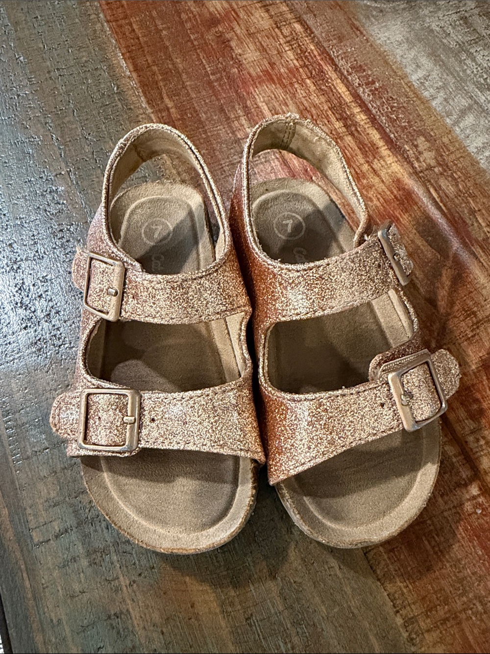 Cat & Jack Toddler Girls Gold Glitter Double Buckle Velcro Sandals Size 7